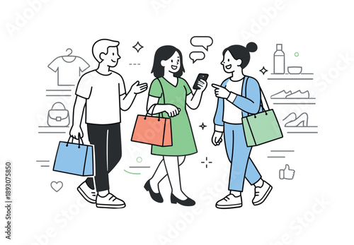 Stylish Store Stroll. Social shopping experience. People walking through a store together, holding bags and discussing choices, friendly interaction and light