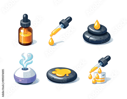 Isometric Essential Oils Grid. Essential Oils Use. Isometric flat vector icons set of Essential Oils Use: oil dropper bottle, dripping oil drop,