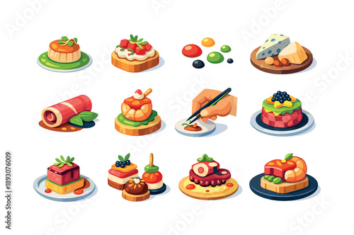 Gourmet Tapas Icons. Gourmet Tapas. Colorful flat vector icons set of Gourmet Tapas: artistic small plates, fine garnish, seared scallop, mini toast, sauce