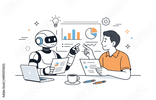 Robot-Human Office Collaboration. Robotic teammates at work. A robot and a human reviewing documents together, pointing at charts and screens. Focused teamwork