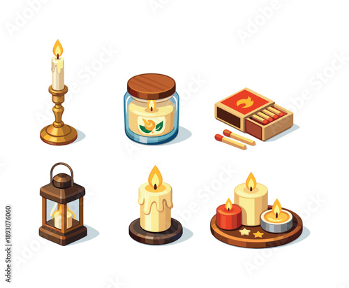 Candlelight Icon Collection. Candlelight Evening. Isometric flat vector icons set of Candlelight Evening: tall candle holder, scented candle jar, matchbox,