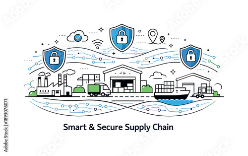 Smart Supply Chain. Smart and secure supply chain infrastructure. A simplified cutaway showing factories, warehouses, and transport systems protected by
