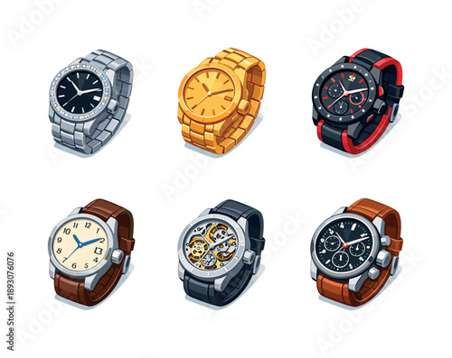 Exclusive Watch Collection. Exclusive watches. Isometric flat vector icons set of exclusive watches: diamond bezel watch, gold bracelet watch, limited edition