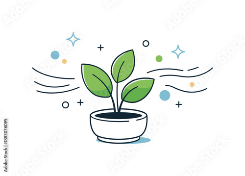 Air Purifying Plant. Minimal plant air purification illustration. Single plant or small group with abstract floating particles and soft motion lines,