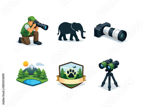 Wildlife Conservation Icons. Wildlife Conservation. Isometric flat vector icons set of Wildlife Conservation: wildlife photographer with camera, endangered