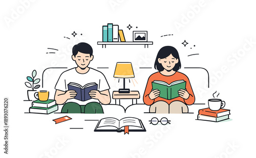 Peaceful Reading Space. Quiet nonfiction reading. A peaceful home scene with people reading side by side, clean layout with books, bookmarks, and warm lighting