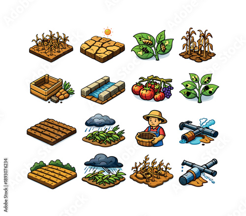 Crop Failure Icons. Crop failures. Colorful isometric vector icons set of Crop failures: withered crop field, drought cracked soil, pest infestation leaves,