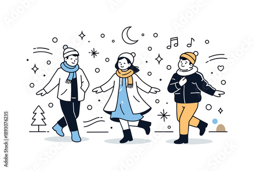 Winter Dance Magic. People dancing in falling snow moment. Dancers slowing down with gentle smiles as snow continues to fall, sense of warmth and winter magic