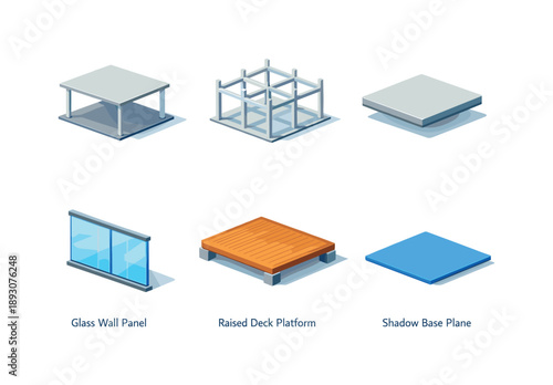 Modern Pavilion Icons. Modern Pavilion. Isometric flat vector icons set of Modern Pavilion: open pavilion structure, column grid frame, flat roof slab, glass