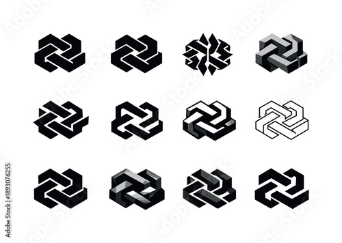 Geometric Logo Grid. Cool heavy composition designs. Icon set. Set Logo of cool heavy composition designs: interlocked geometric mass. harmonious