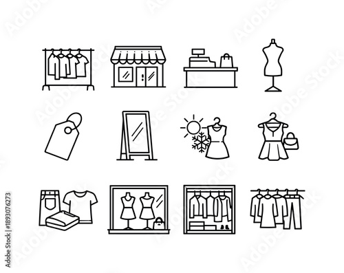 Clothing Store Icons. Clothing store. Line icon set of Clothing store: clothes rack, fashion shop front, cashier counter, display mannequin, garment tag,