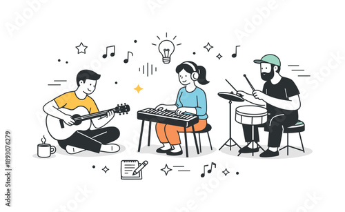 Music Jam Session. Music jam session practice. Small group experimenting with melodies and rhythms in an informal setting. Focused creativity and shared