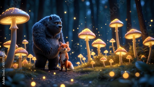Cartoon fox and gorilla walking through glowing mushroom forest, magical mood, fantasy night scene with fireflies