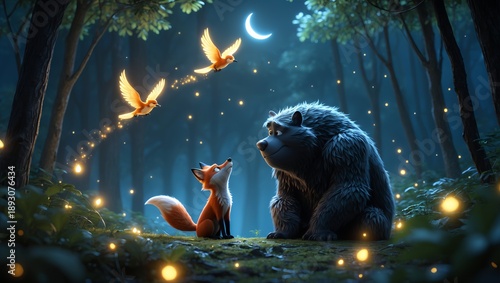 Cartoon fox and gorilla watching glowing birds under crescent moon, magical mood, fantasy forest scene with fireflies