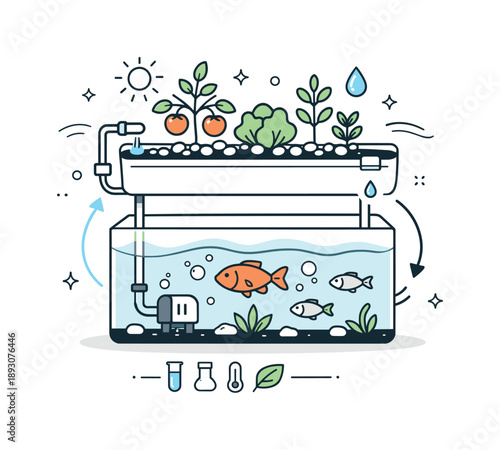 Aquaponic Ecosystem Flow. Aquaponic gardening system. Fish swim in a small tank connected to plant beds above, creating a balanced growing ecosystem. Harmony