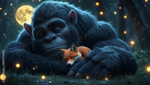 Cartoon fox and gorilla sleeping under full moon, calm mood, glowing fireflies and peaceful fantasy forest at night