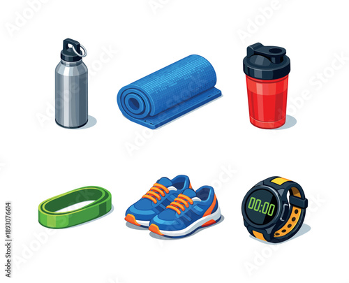 Fitness Icons Grid. Fitness Essentials. Isometric flat vector icons set of Fitness Essentials: stainless steel water bottle, textured yoga mat roll, protein