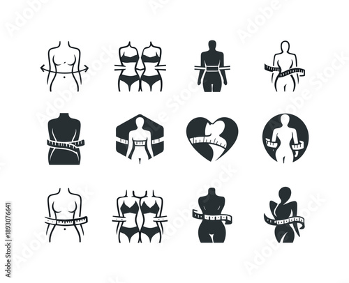 Fitness Icons Grid. Fitness assessments and body measurements. Icon set. Set Logo of fitness assessments and body measurements: body silhouette outline.