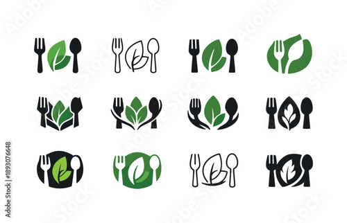 Balanced Meal Icons. Eating a balanced meal. Icon set. Set Logo of Eating a balanced meal: fork and spoon with leaf. harmonious logo variations of the same