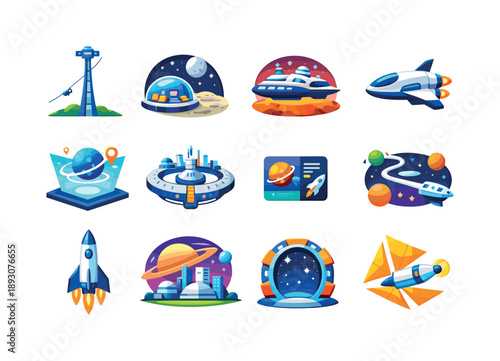 Colorful Future Travel Icons. Future travel space. Colorful flat vector icons set of Future travel space: space elevator, moon resort, mars cruise ship,