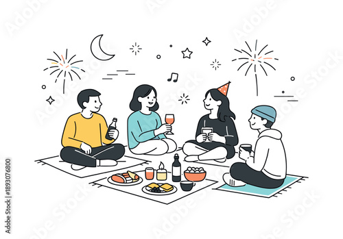 New Year's Eve Picnic. New Year?s Eve picnic. A small group sitting on blankets with simple food and drinks, calm celebration and quiet anticipation of the new