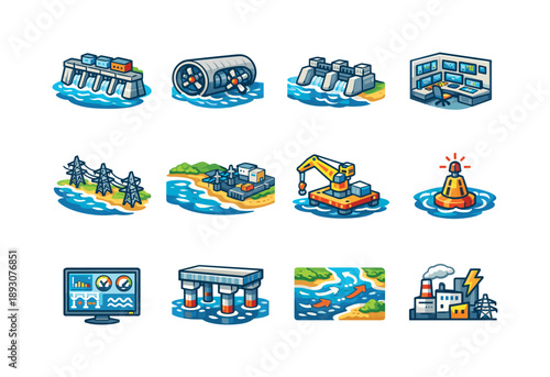 Tidal Power Icons. Tidal power infrastructure. Colorful isometric vector icons set of Tidal power infrastructure: tidal barrage dam, turbine tunnel, sluice