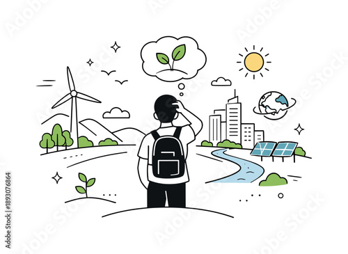 Future Sustainability Vision. Climate change awareness ? future responsibility. Person looking toward a clean city and green landscape, thinking