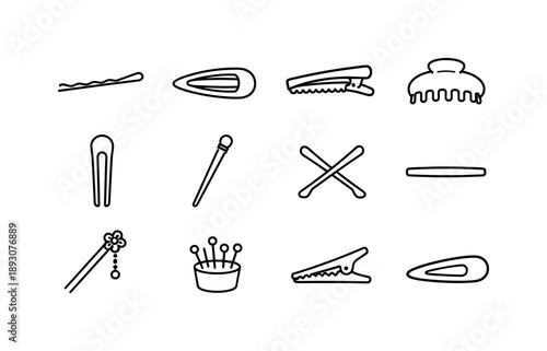 Hair Accessories Icons. Hair accessories. Line icon set of Hair accessories: bobby pin, snap barrette, hair clip, claw clip, hair fork, hair stick, crossed