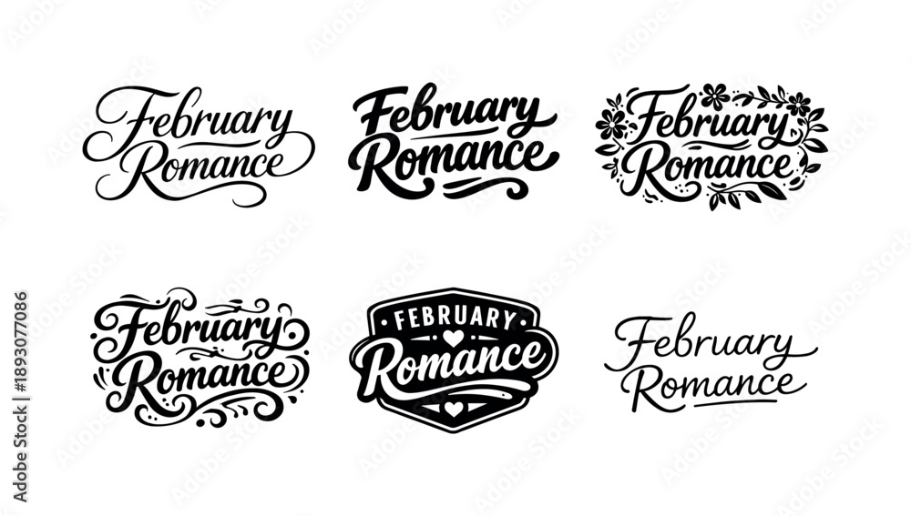 Fototapeta premium February Lettering Styles. February Romance. Set lettering. harmonious lettering variations of the same emblematic concept, each with different artistic