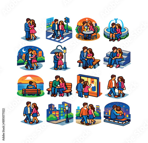 Urban Love Icons. Urban Romance. Colorful isometric vector icons set of Urban Romance: city street couple hug, couple on crosswalk, cafe sidewalk embrace,