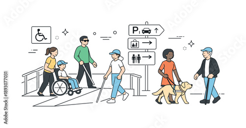 Inclusive Public Spaces. Accessibility in public spaces. A diverse group moves comfortably through an accessible environment with ramps and clear signage.