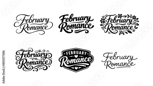 February Lettering Styles. February Romance. Set lettering. harmonious lettering variations of the same emblematic concept, each with different artistic