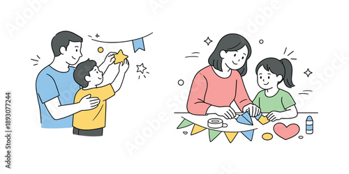 Family Decorating Together. Parents helping kids decorate. Parents and children working together placing simple decorations on a wall or table, calm gestures