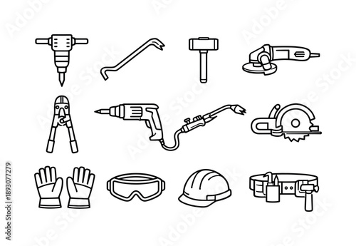 Demolition Tools Icons. Demolition Tools. Line icon set of Demolition Tools: jackhammer, crowbar, sledgehammer tool, angle grinder, bolt cutter, demolition