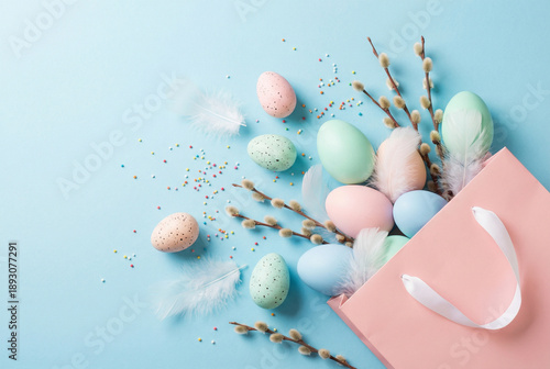 Spring pastry delights promo. Top view shot of a pink bag holding festive treats - eggs, adorable bunny, pussy willow, and sugar sprinkles. Pastel blue backdrop with space for your message