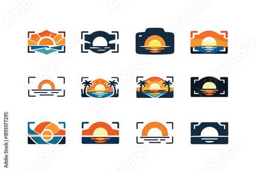 Summer Travel Icons. Travel photography (summer destinations). Icon set. Set Logo of travel photography (summer destinations): sunset over sea framed