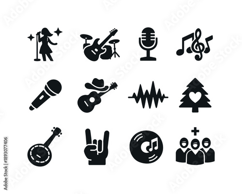 Music Icon Grid. Music genres on stage. Solid icon set of Music genres on stage: pop icon, rock icon, jazz mic, classical notes, hip-hop mic, country guitar,