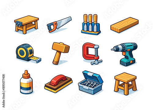 Woodworking Tools Icons. Woodworking and building furniture. Colorful isometric vector icons set of woodworking and building furniture: workbench, hand saw,