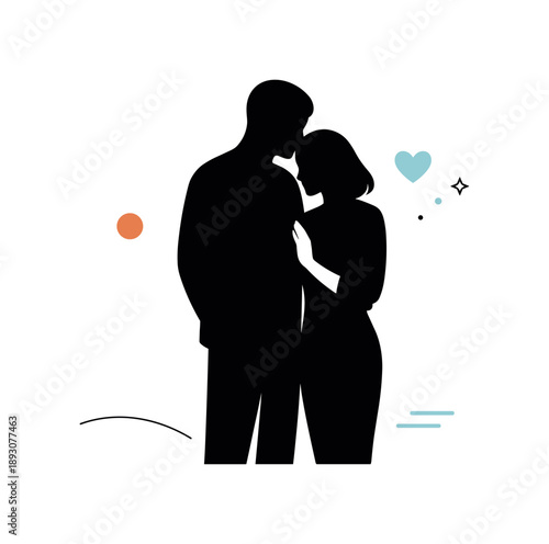 Silhouetted Intimacy. Couple silhouettes illustration. A calm editorial scene of two minimal silhouettes standing close together, their shapes softly balanced