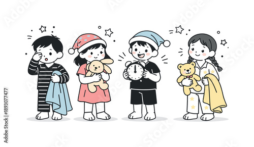 Children's Pajama Party. Children waiting for midnight pajamas. Kids in pajamas holding blankets and soft toys, staying awake late. Cozy comfort and sleepy
