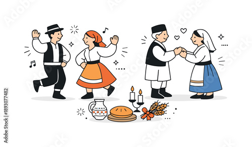 Cultural Celebration Dance. Traditional cultural celebration. Characters wearing simple traditional clothing, dancing or greeting each other with symbolic