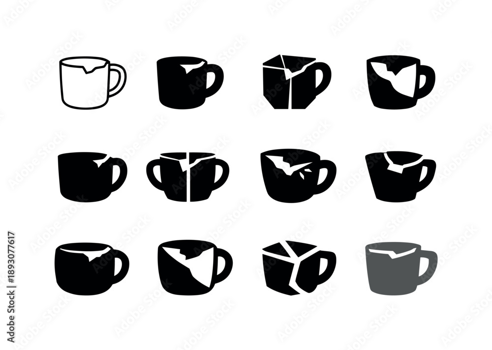 Fototapeta premium Chipped Mug Logos. Chipped Mug. Icon set. Set Logo of chipped mug: rustic broken edge. harmonious logo variations of the same emblematic concept, each with