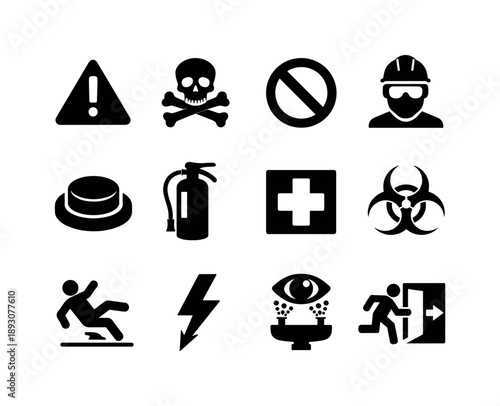 Safety Icons Grid. Safety Signage Icons. Solid icon set of Safety Signage Icons: warning triangle, danger sign, no entry, PPE required, emergency stop, fire