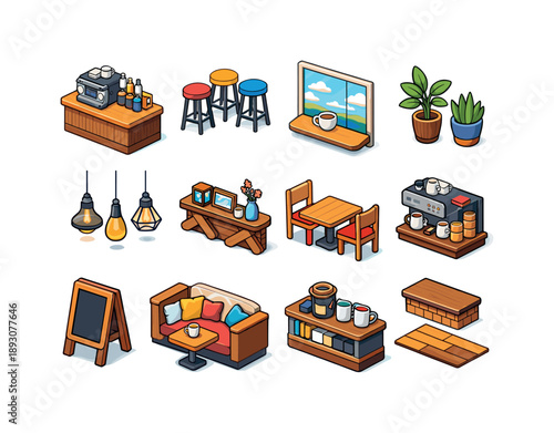 Colorful Cafe Icons. Cafe Interior. Colorful isometric vector icons set of Cafe Interior: cafe counter, bar stools, window view, indoor plants, wall menu,