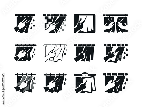 Shower Curtain Icons. Replacing shower curtain. Icon set. Set Logo of replacing shower curtain: removing old shower curtain. harmonious logo variations of the