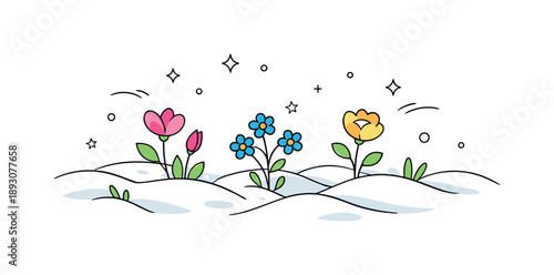 Snow and Blossoms. Snow and flowers editorial scene. Clean snow-covered ground with small flowers and buds appearing, expressing hope and natural renewal.