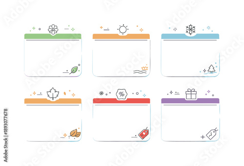 Minimalist Price Tag Set. Editable price tag set. Blank seasonal tags with small icon placeholders and subtle decorations, flexible retail design system ready