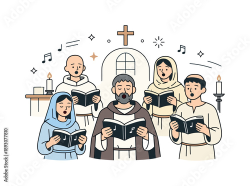 Early Christian Hymnals. Early Christian hymns. Simple choir singing from handwritten hymn books inside a minimal church setting, peaceful and reverent mood.
