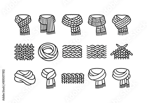 Knitted Scarf Icon Set. Knitted Scarf. Line icon set of Knitted Scarf: cable knit scarf, ribbed knit texture, chunky knit scarf, handmade scarf pattern, woven
