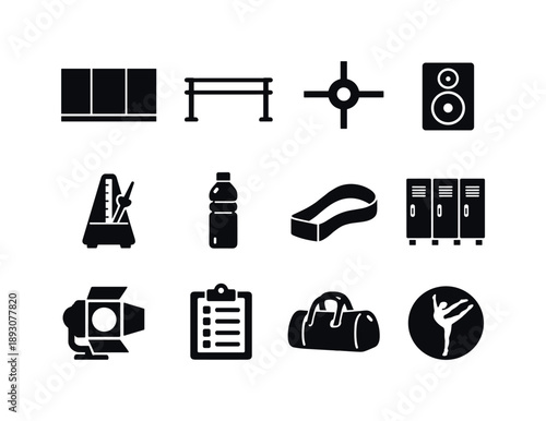 Dance Studio Icons. Dance studio. Solid icon set of dance studio: studio mirror panel, ballet barre, dance floor marking, speaker icon, metronome, water